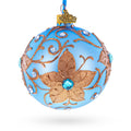 Raised Gold Floral Scrolls and Blue Crystal Accents on Matte Sky Blue Glass Ball Christmas Ornament 3.25 Inches in Blue color Round