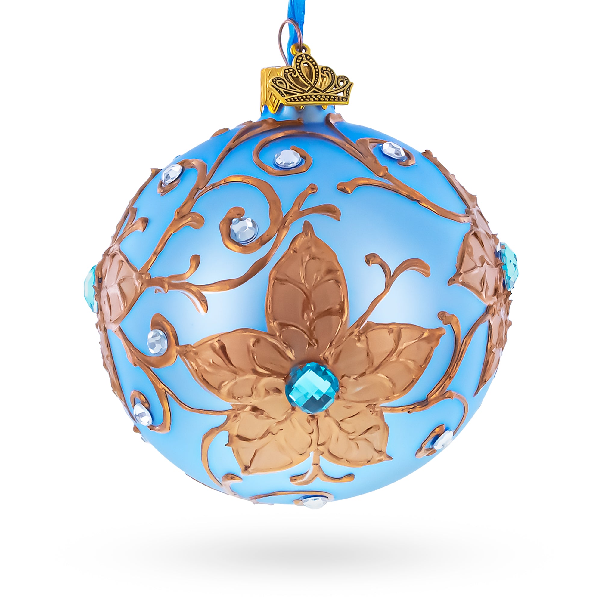 Raised Gold Floral Scrolls and Blue Crystal Accents on Matte Sky Blue Glass Ball Christmas Ornament 3.25 Inches in Blue color Round