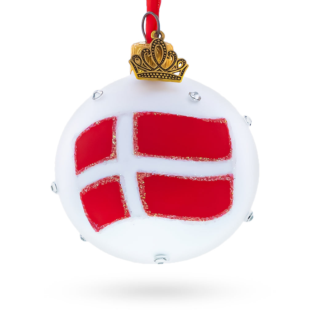 Danish Flag and “Denmark” Script with Crystal Accents on Frosted White Glass Ball Christmas Ornament in Blue color Round
