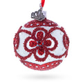 Red Glitter Petals and Beaded Floral Scrolls on White Glass Ball Christmas Ornament in Multi color Round