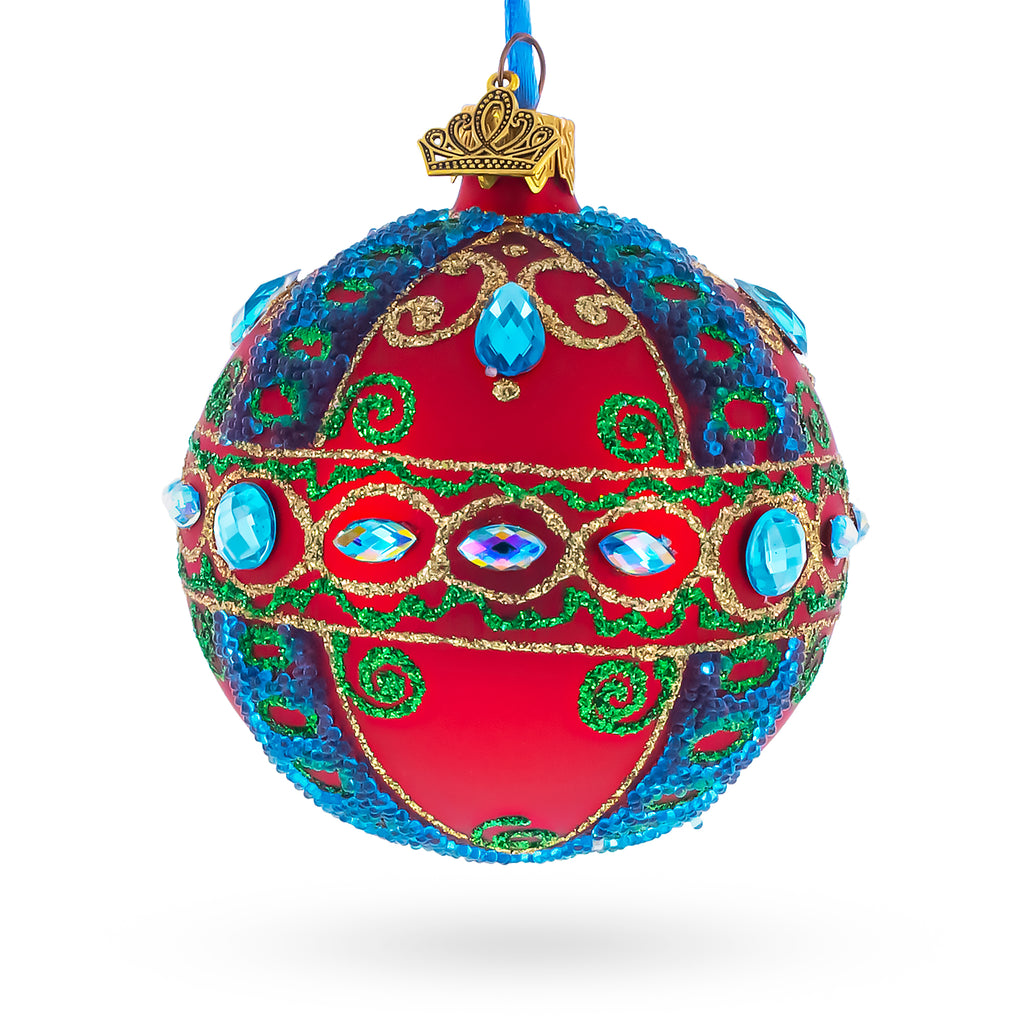 Blue Gem Accents and Gold Swirls on Red Glass Ball Christmas Ornament 3.25 Inches in Red color Round