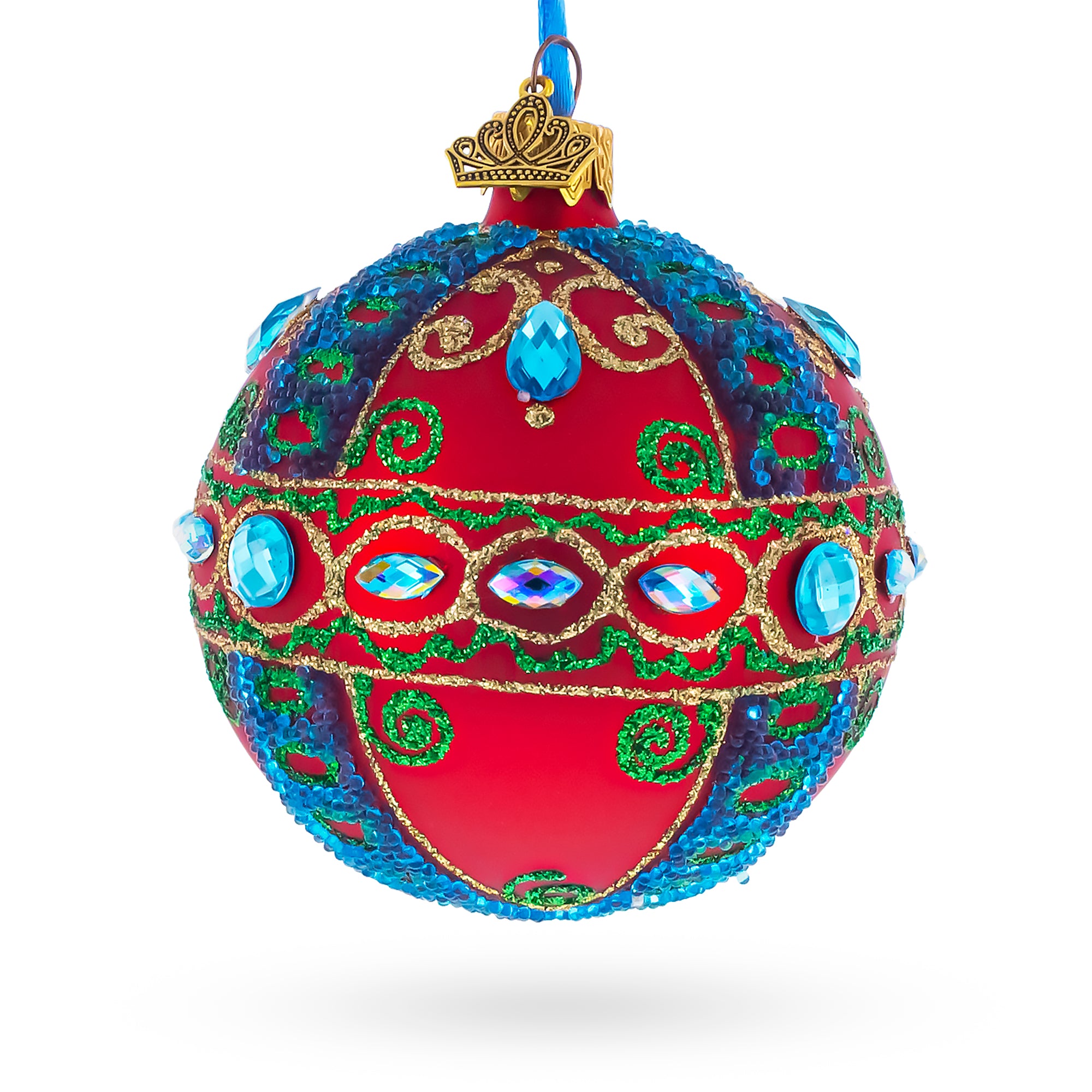 Blue Gem Accents and Gold Swirls on Red Glass Ball Christmas Ornament 3.25 Inches in Red color Round