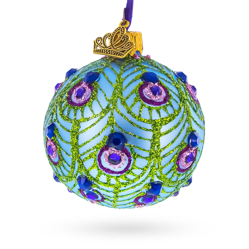 Blue Ball with Glittered Peacock Feather Design Glass Ball Christmas Ornament in Blue color Round