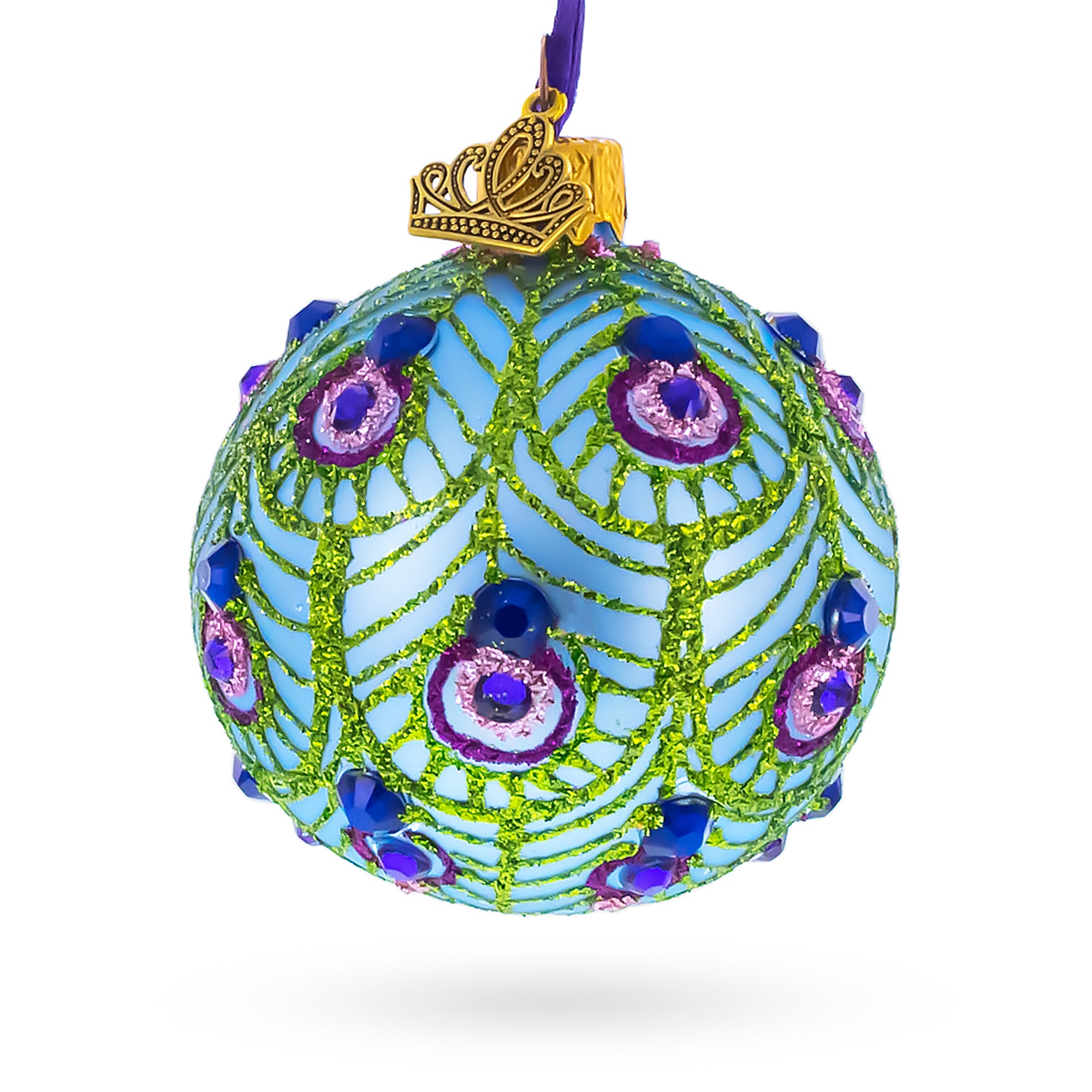 Blue Ball with Glittered Peacock Feather Design Glass Ball Christmas Ornament in Blue color Round