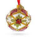 Gold Floral Design with Red Jewel Accents Glass Ball Christmas Ornament in Red color Round