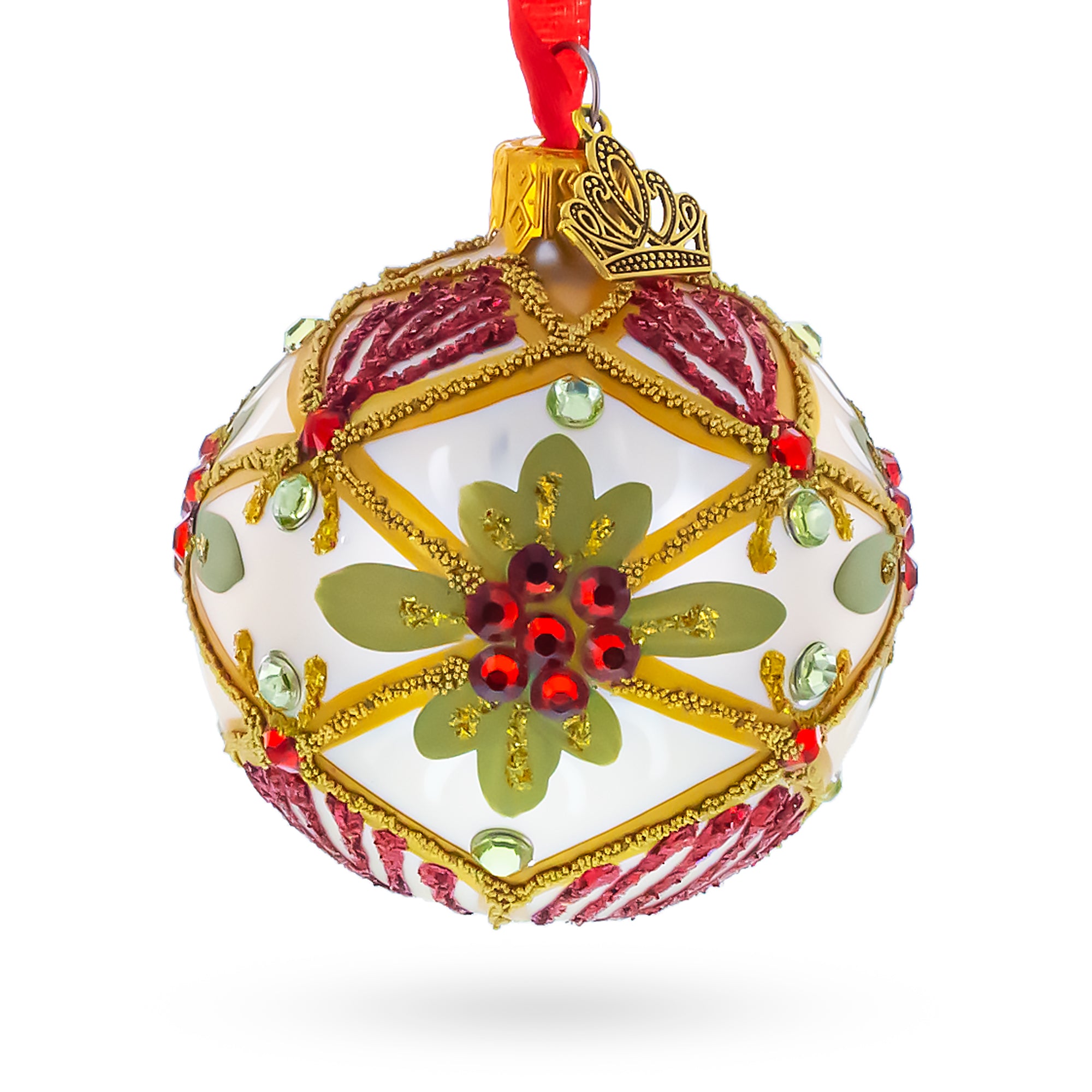 Gold Floral Design with Red Jewel Accents Glass Ball Christmas Ornament in Red color Round