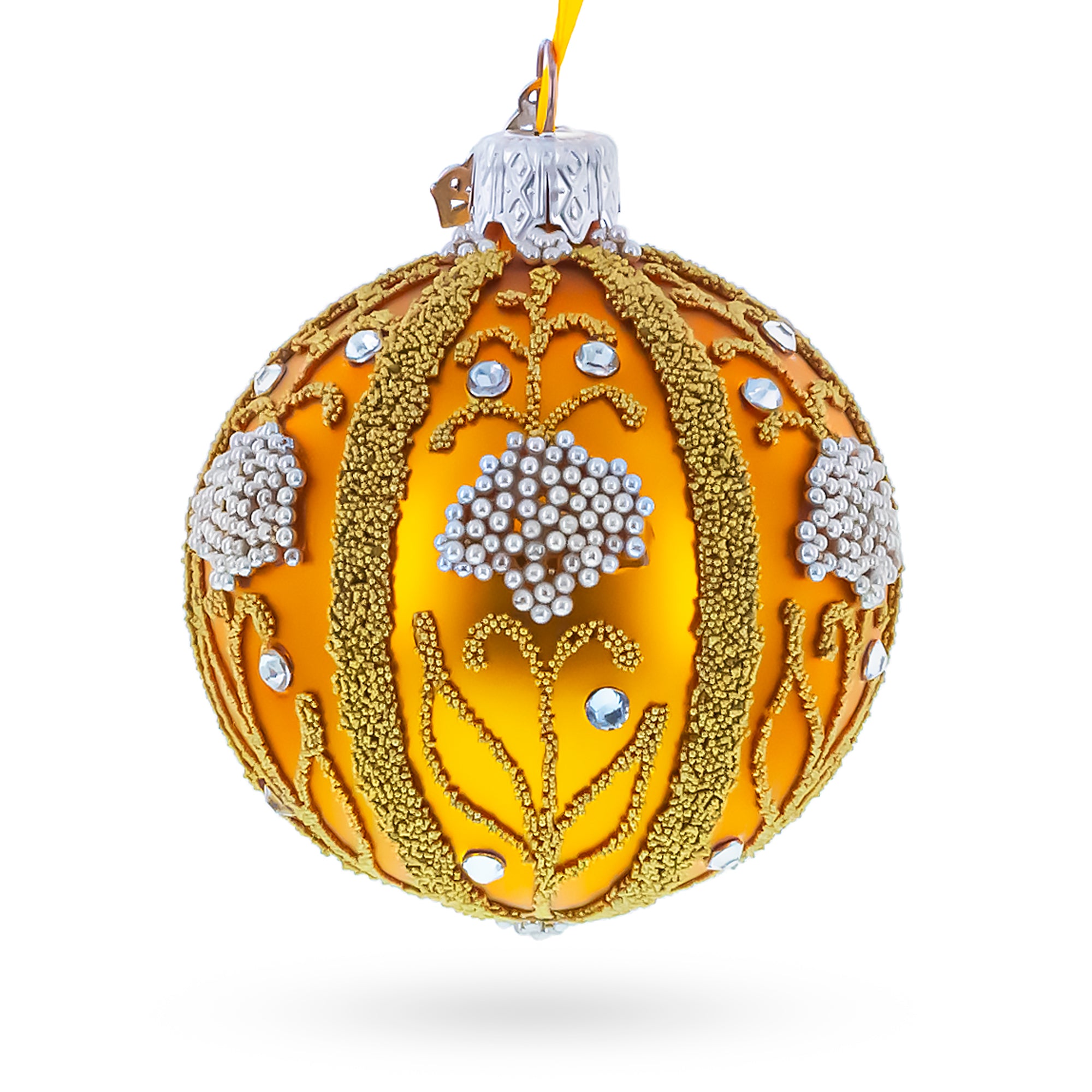 Beaded Floral Panels with White Clusters Glass Ball Christmas Ornament in Gold color Round