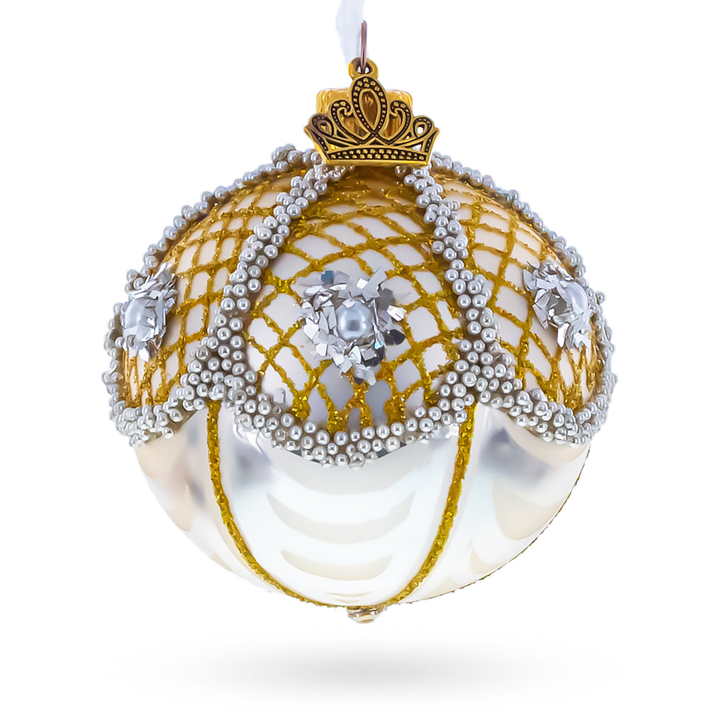 Gold Lattice with Pearls and Silver Accents Glass Ball Christmas Ornament in Gold color Round