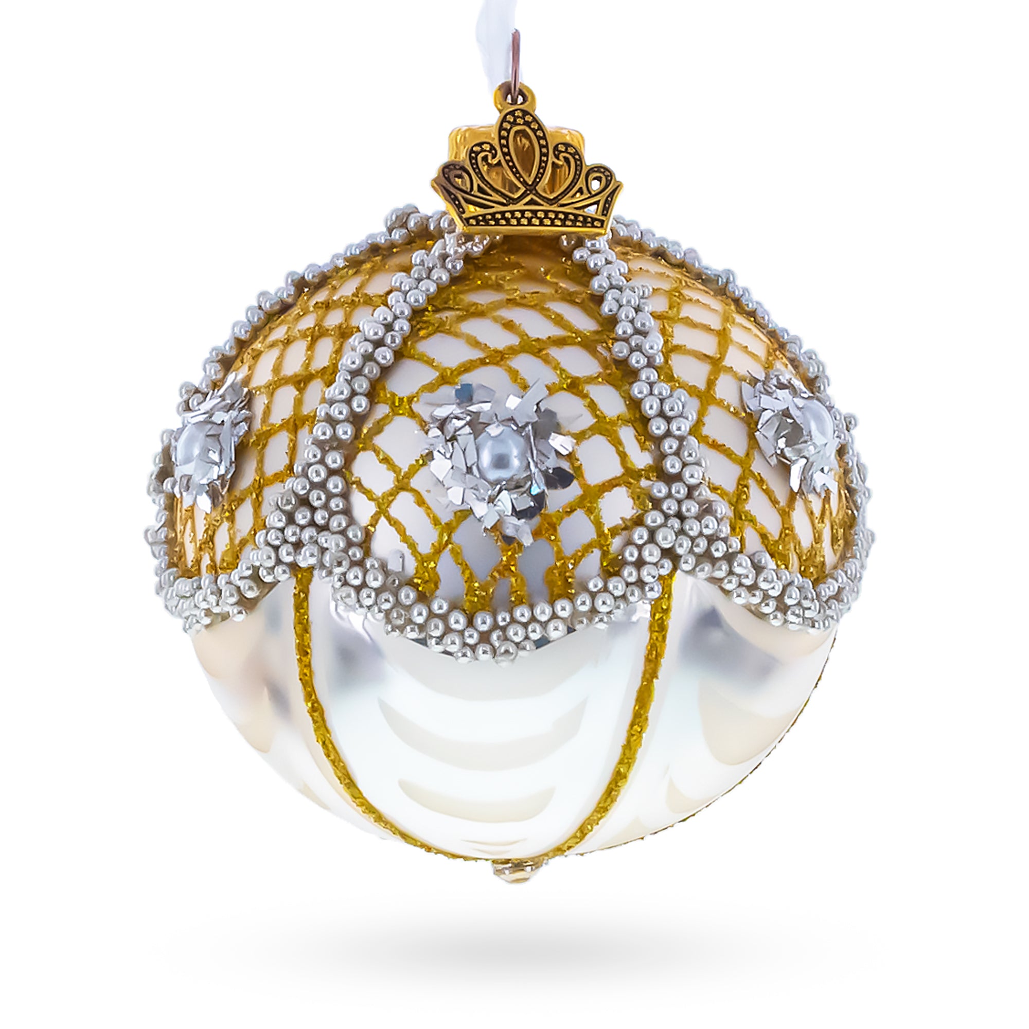 Gold Lattice with Pearls and Silver Accents Glass Ball Christmas Ornament in Gold color Round