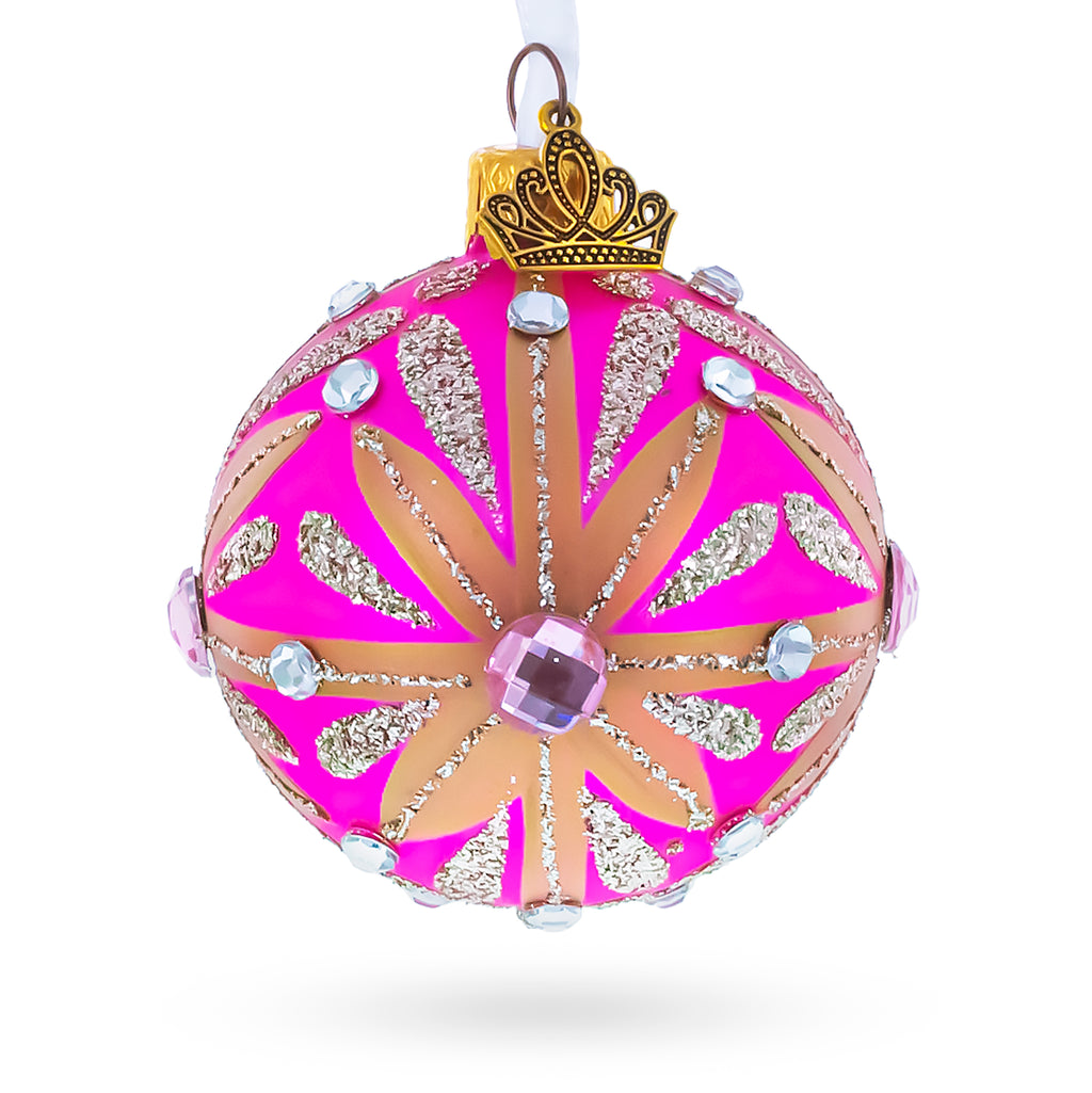 Gold Glitter Burst with Jewel Accents Glass Ball Christmas Ornament in Pink color Round