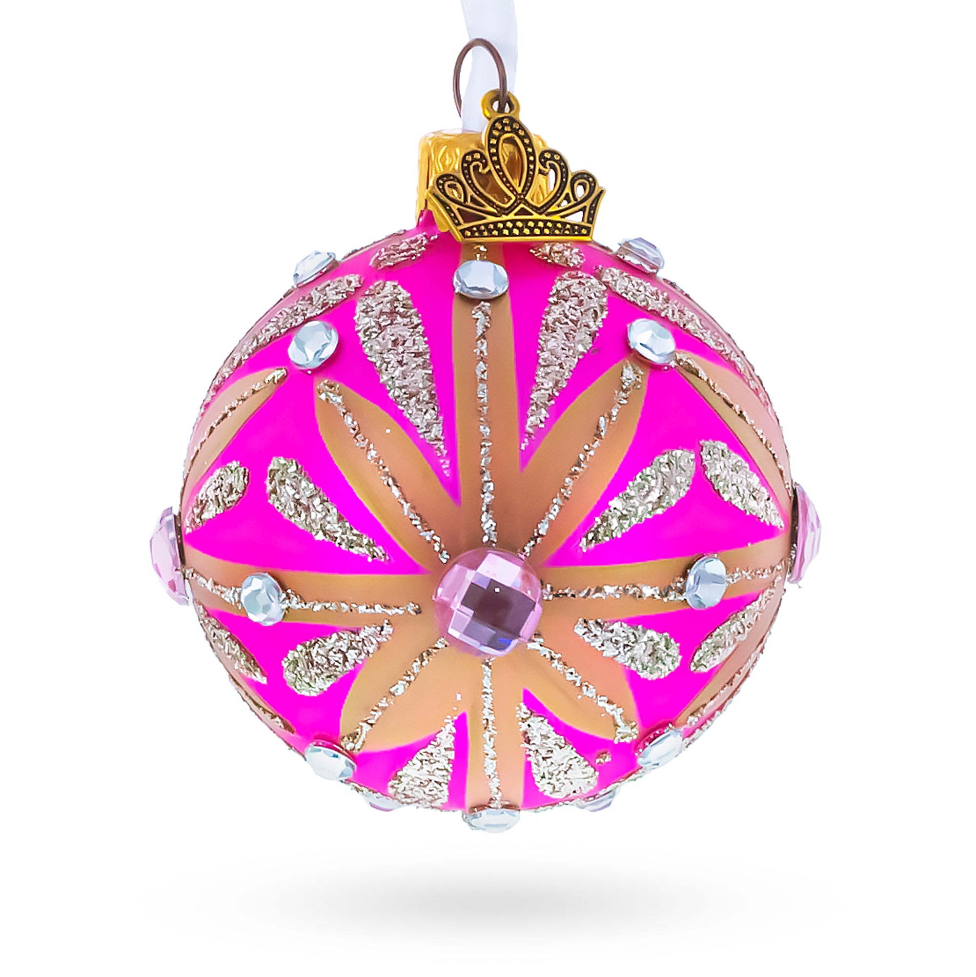 Gold Glitter Burst with Jewel Accents Glass Ball Christmas Ornament in Pink color Round