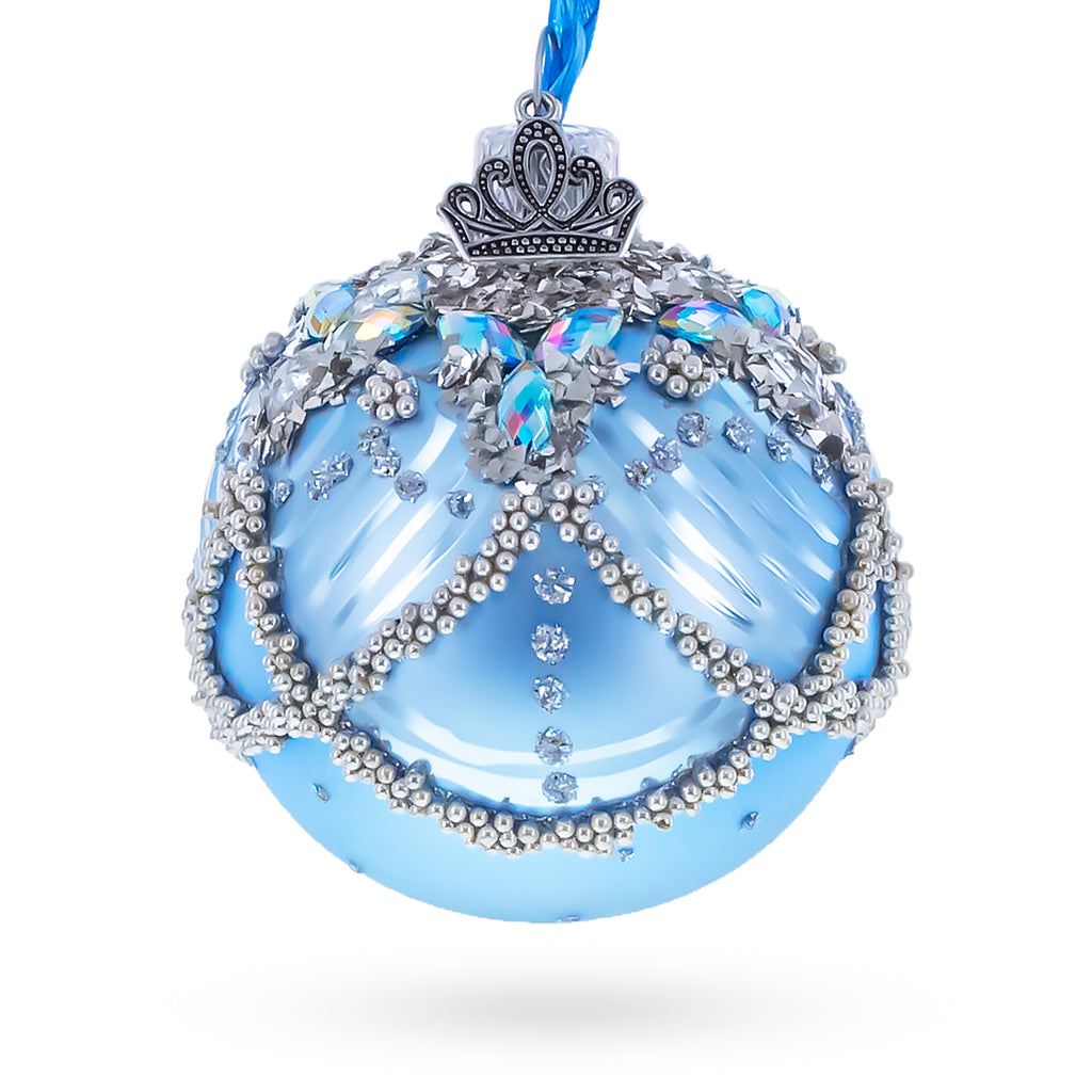 Silver Beaded Lattice with Iridescent Jewels Glass Ball Christmas Ornament in Blue color Round