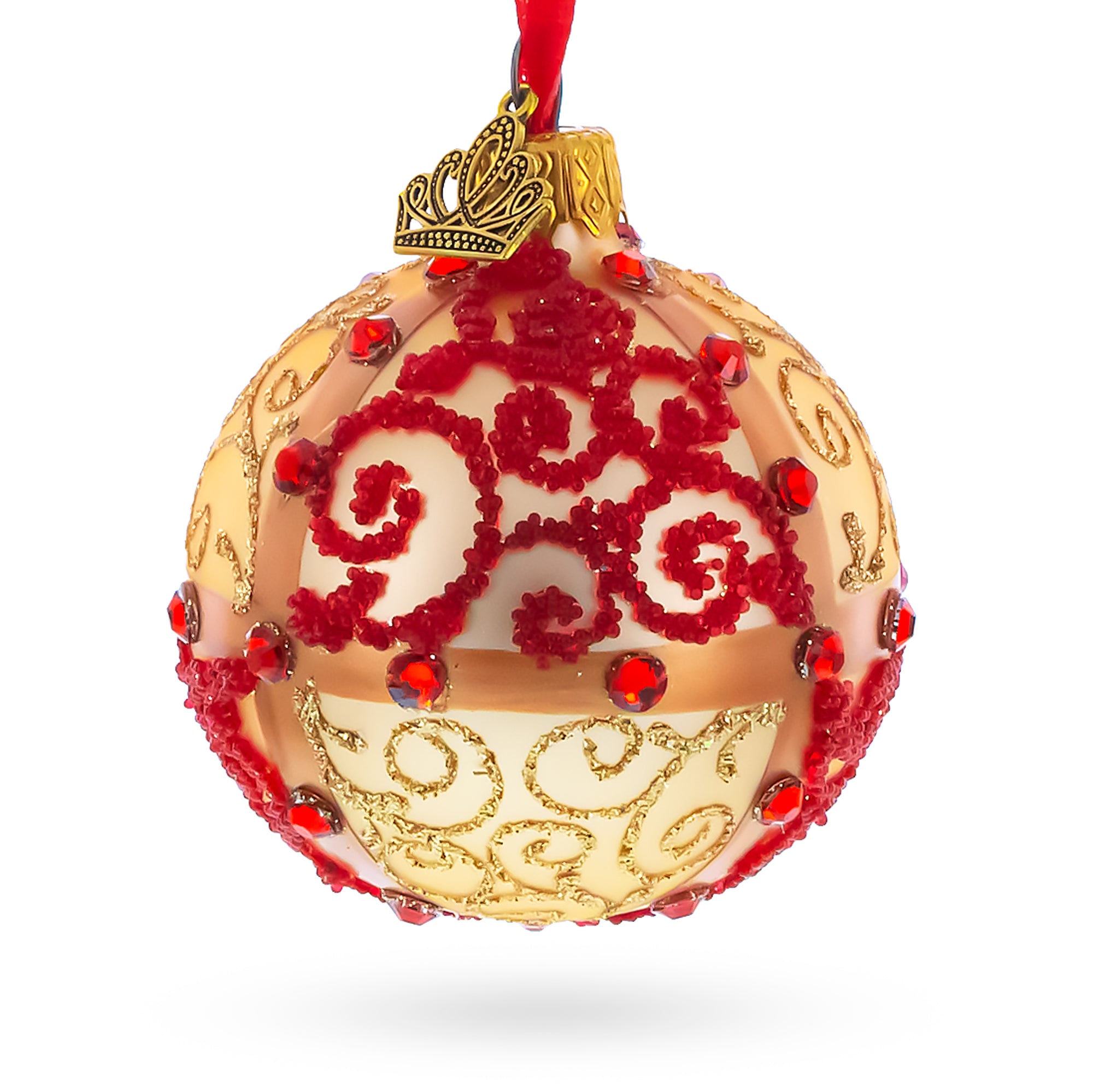 Jeweled Gold & Red Swirl Glass Ball Christmas Ornament in Red color Round