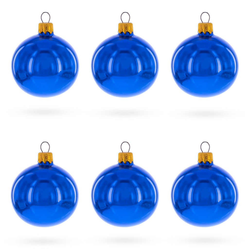 Set of 6 Glossy Blue Glass Ball Christmas Ornaments 2.4 Inches in Blue color Round