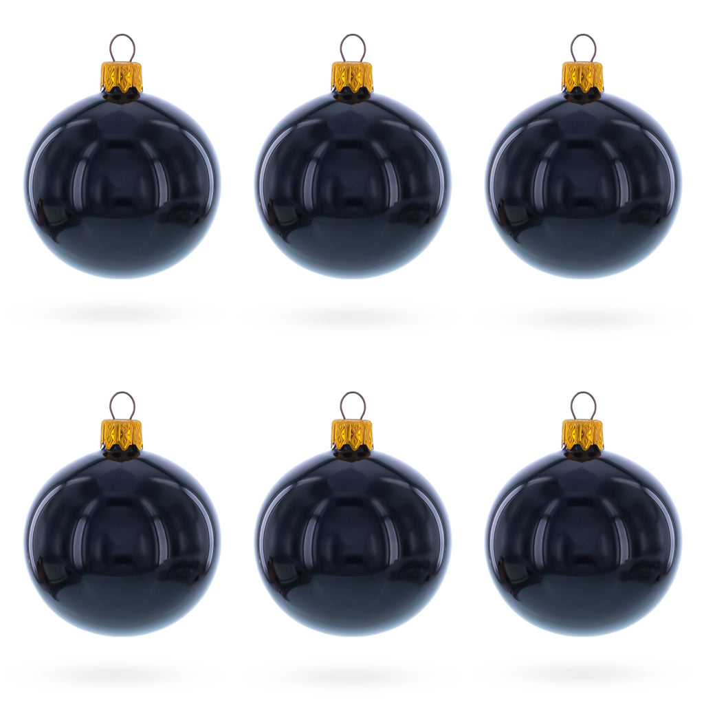 Set of 6 Glossy Black Glass Ball Christmas Ornaments 2.4 Inches in Black color Round