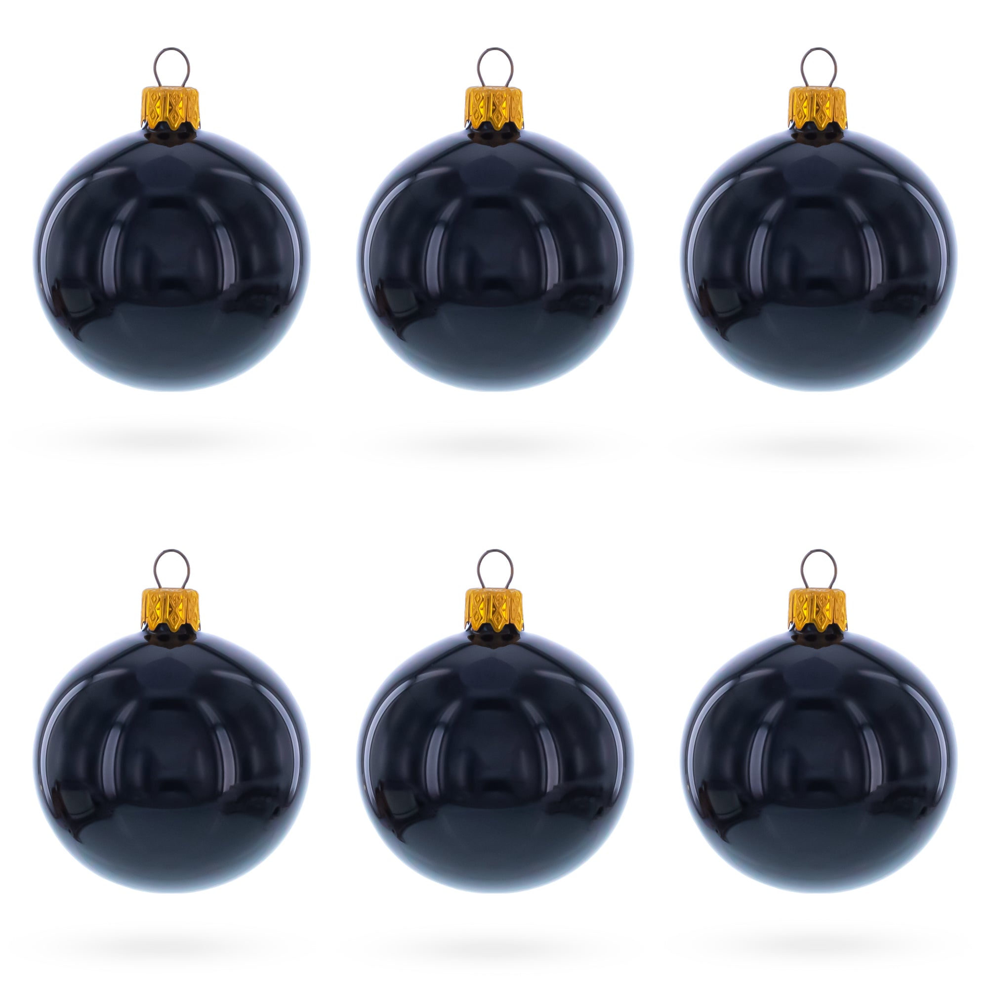 Set of 6 Glossy Black Glass Ball Christmas Ornaments 2.4 Inches in Black color Round