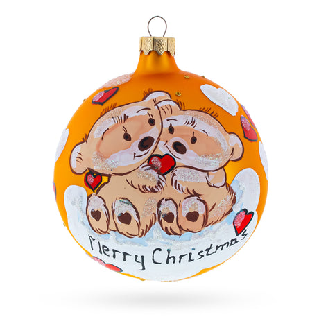 Glass Warm Embrace: Merry Christmas from Two Bears in Love - Blown Glass Ball Christmas Ornament 3.25 Inches in Orange color Round