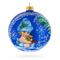 Girl Hugging Teddy Bear Glass Ball Baby's First Christmas Ornament 4 Inches in Blue color Round