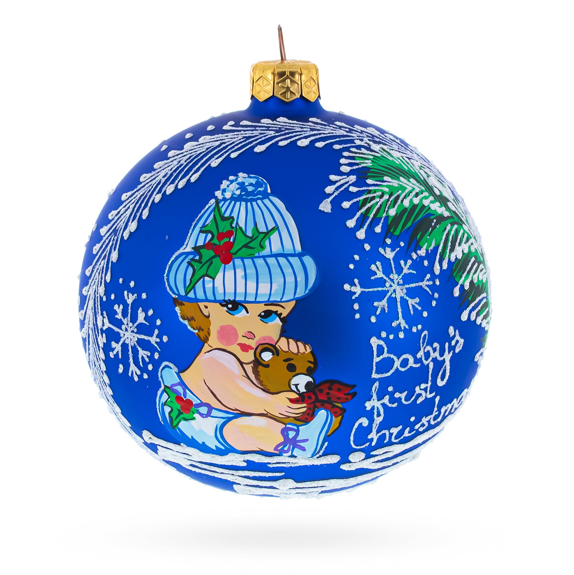 Girl Hugging Teddy Bear Glass Ball Baby's First Christmas Ornament 4 Inches in Blue color Round