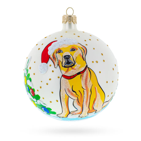 Glass Adorable Yellow Labrador Retriever Captured in Blown Glass Ball Christmas Animal Ornament 4 Inches in White color Round