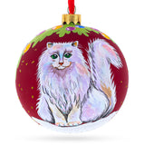 Glass Whiskers & Grace: Fluffy White Persian Cat Blown Glass Ball Christmas Ornament 4 Inches in Red color Round