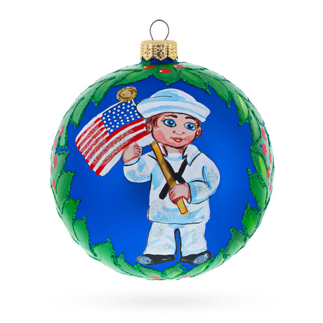 USA Navy Soldier with American Flag Blown Glass Ball Patriotic Christmas Ornament 4 Inches in Blue color Round