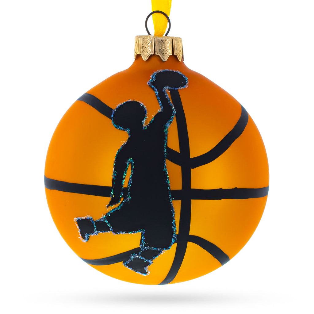 Glass Slam Dunk Sensation: Basketball Player in Action Blown Glass Ball Christmas Sports Ornament 3.25 Inches in Orange color Round