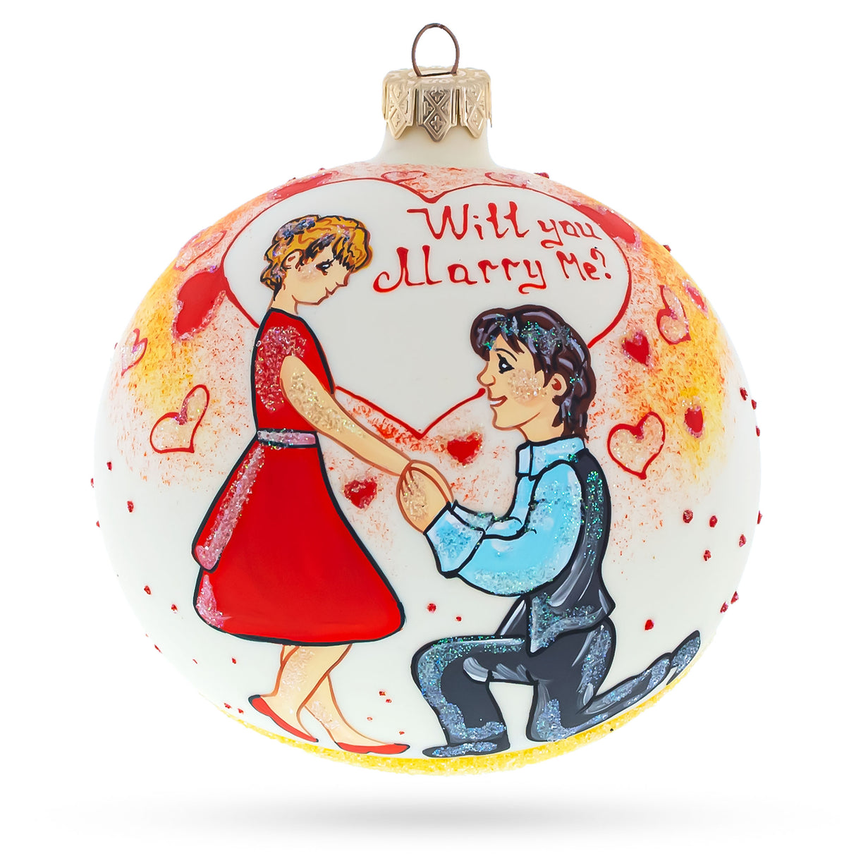 Romantic Proposal: 'Will You Marry Me?' Blown Glass Ball Christmas Ornament 4 Inches in White color, Round shape