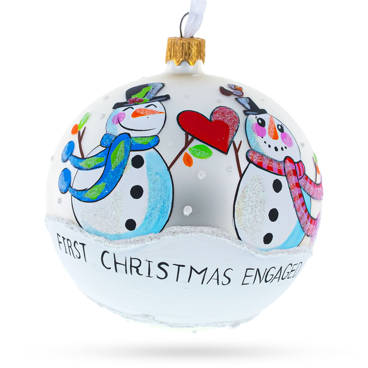 Engaged Snowman Couple: A Winter Romance Blown Glass Ball 'Our First Christmas' Ornament 3.25 Inches in White color, Round shape