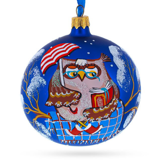 Wise Owl: Scholarly Bird Immersed in a Book Hand-Blown Glass Ball Christmas Ornament 4 Inches in Blue color, Round shape