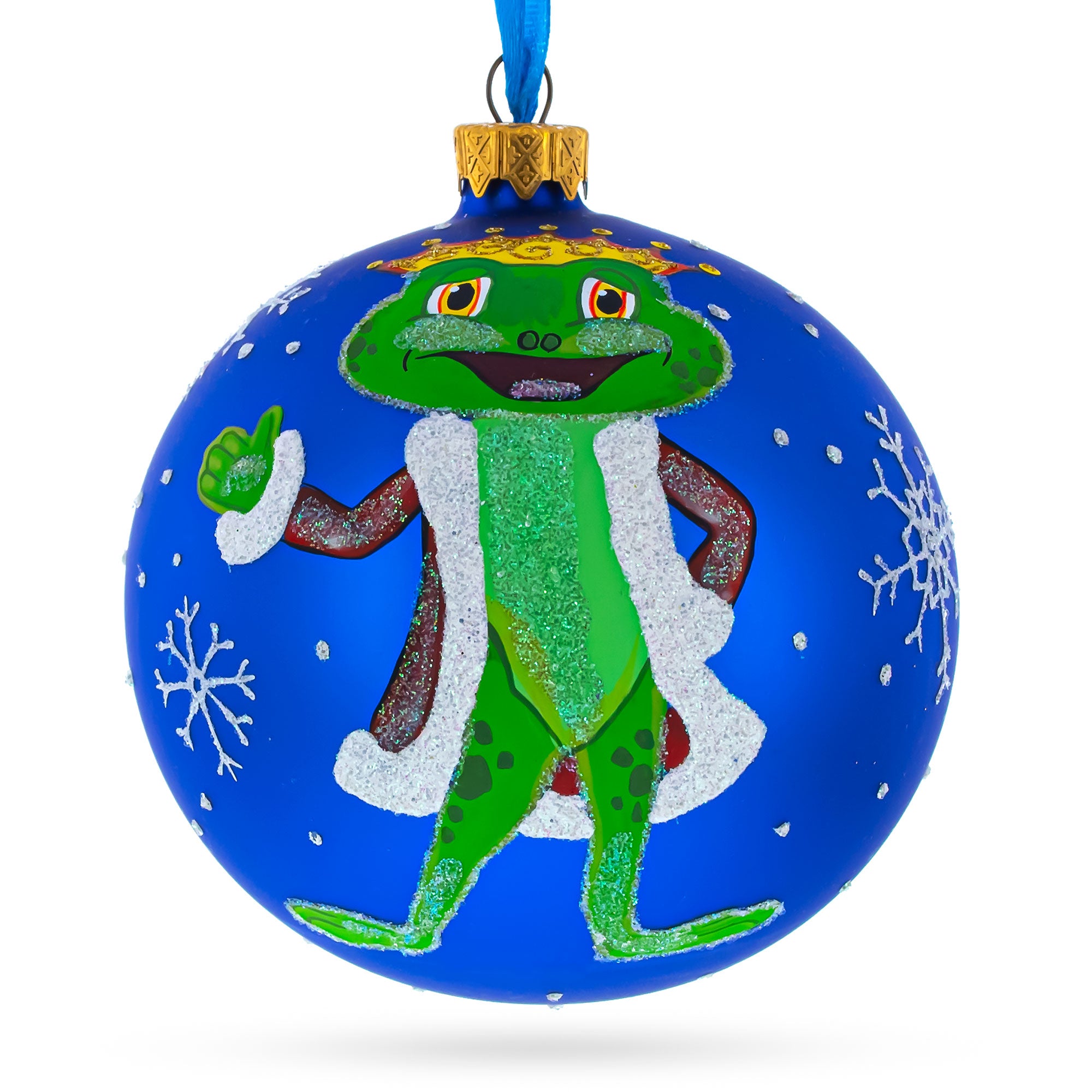 The Frog King Crowned in Splendor Hand-Glass Ball Christmas Ornament 4 Inches in Blue color Round
