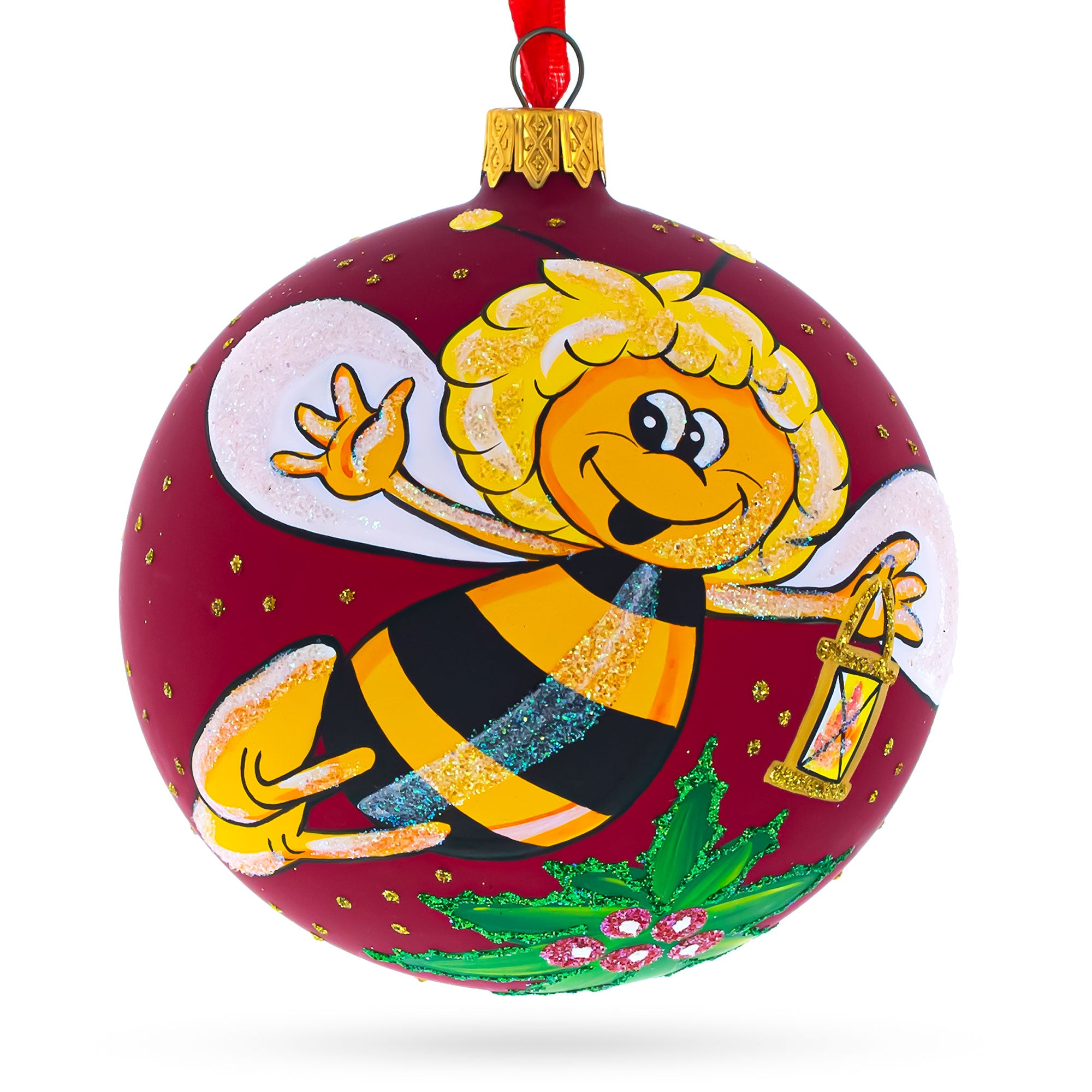 Buzzing Bee in Flight Collecting Honey Glass Ball Christmas Ornament 3.25 Inches in Red color Round