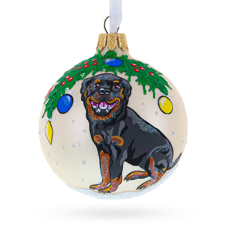 Glass Cheerful Rottweiler Dog Captured in Blown Glass Ball Christmas Ornament 3.25 Inches in White color Round