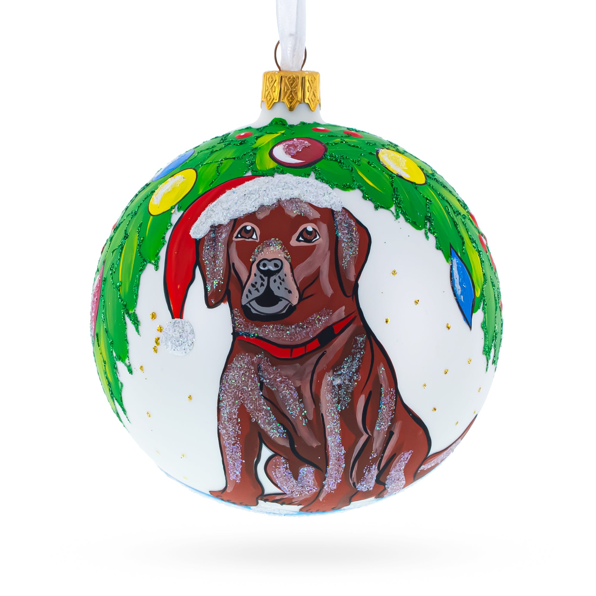 Chocolate Labrador in Santa Hat Glass Ball Christmas Ornament 4 Inches in White color Round