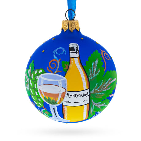 White Wine Bottle Glass Ball Christmas Ornament 3.25 Inches in Blue color Round