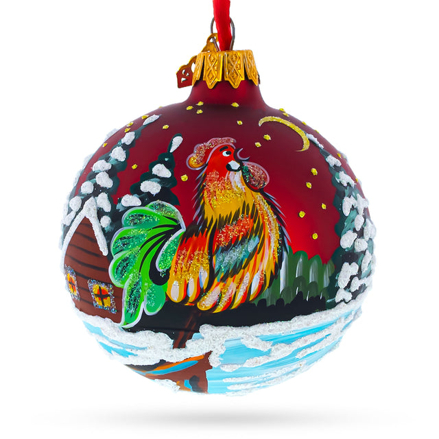 Winter Wonderland Rooster: Vibrant Village Scene on Red Blown Glass Ball Christmas Ornament 3.25 Inches in Red color, Round shape