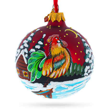 Glass Winter Wonderland Rooster: Vibrant Village Scene on Red Blown Glass Ball Christmas Ornament 3.25 Inches in Red color Round