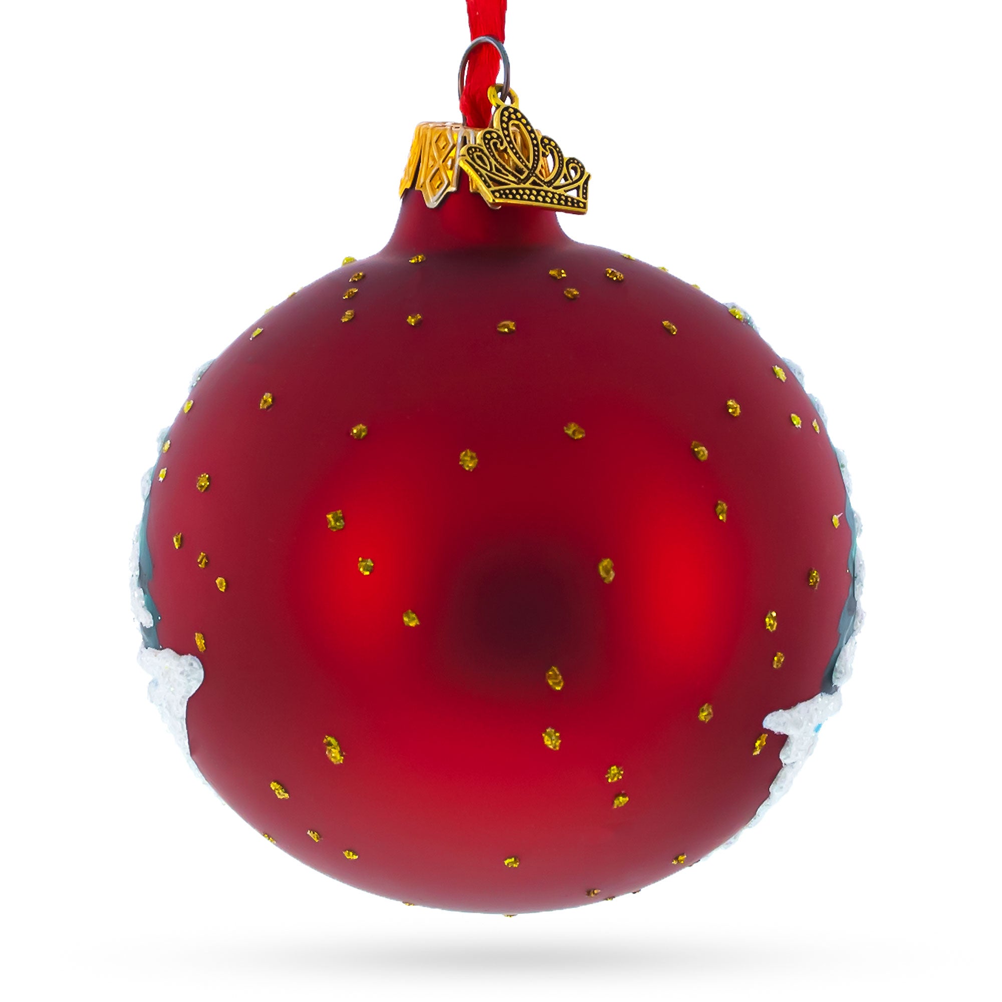 Vibrant Village Scene on Red Glass Ball Christmas Ornament 3.25 InchesUkraine , dimensions in inches: 3.25 x 3.25 x 3.25