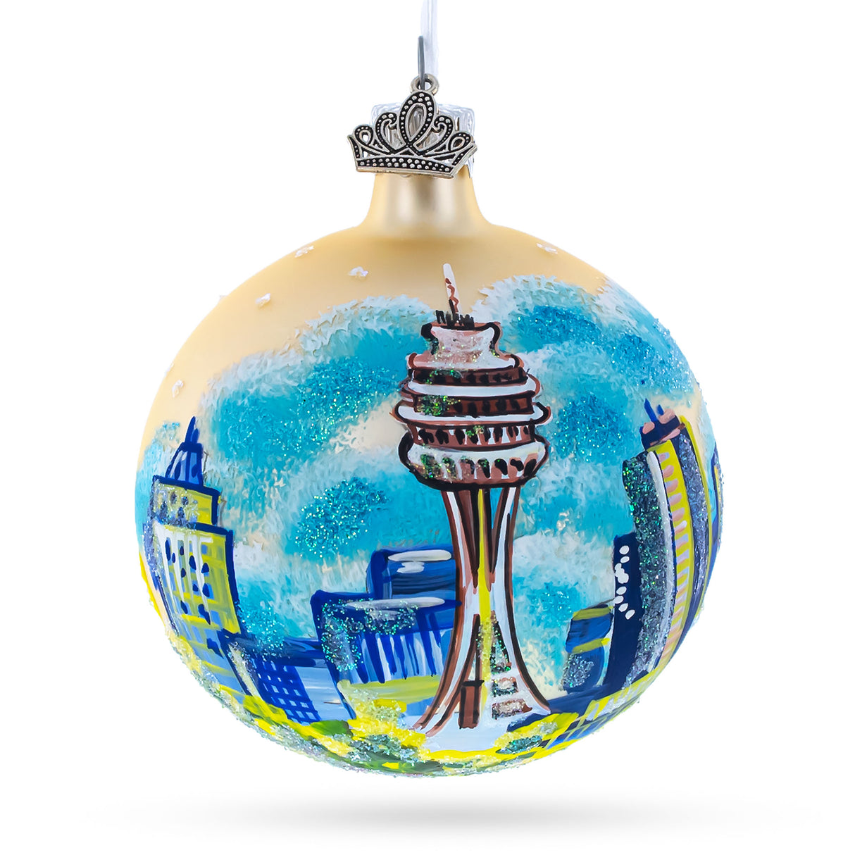 Seattle, Washington Glass Ball Christmas Ornament 3.25 Inches in Blue color, Round shape