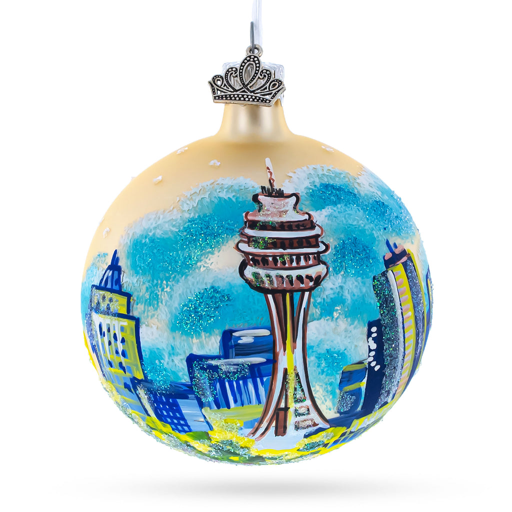 Seattle, Washington Glass Ball Christmas Ornament 3.25 Inches in Blue color Round