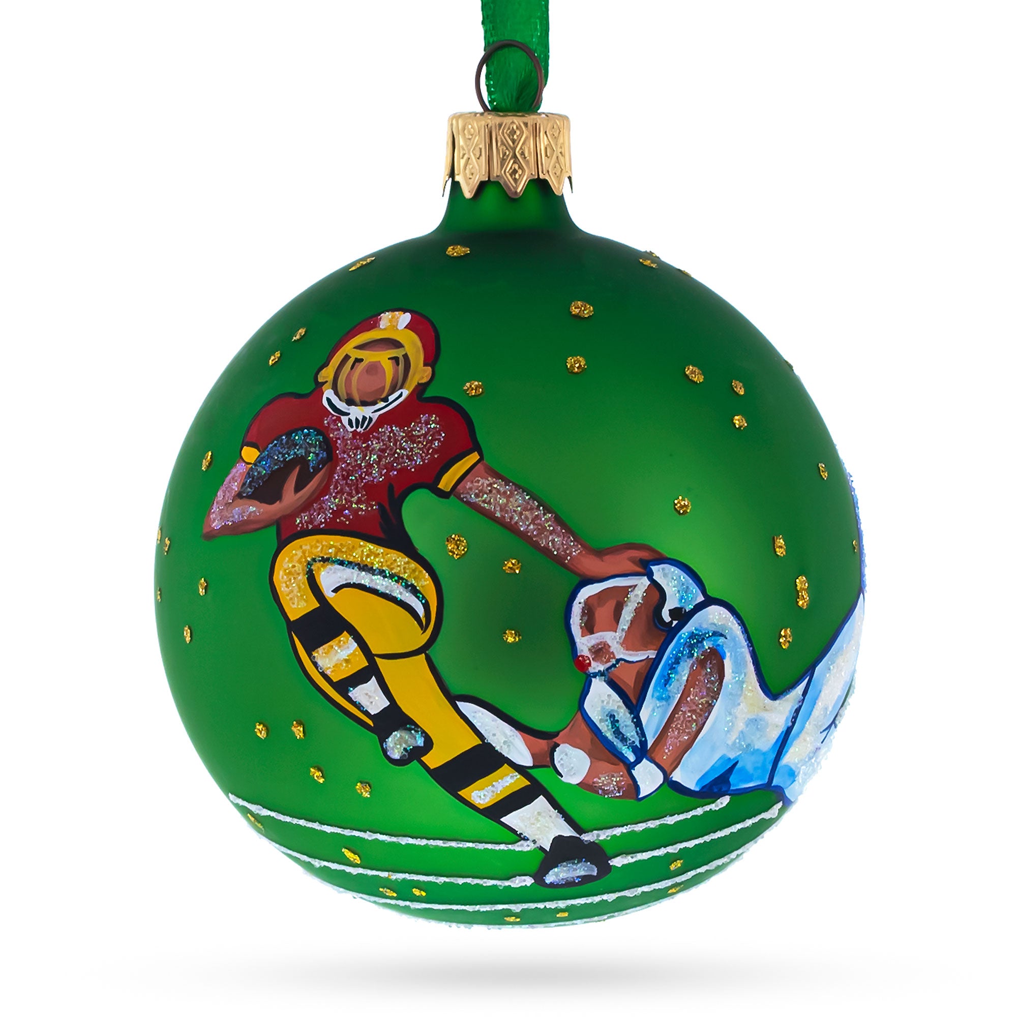 American Football Glass Christmas Ornament 3.25 Inches in Green color Round