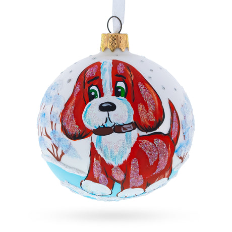Glass Frolic in the Flurries: Puppy on the Snow Blown Glass Christmas Ornament 3.25 Inches in White color Round