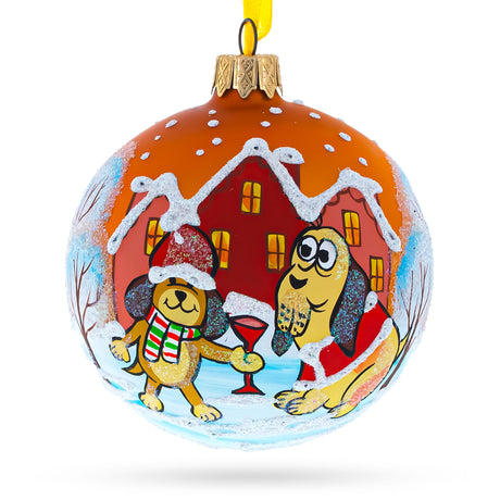 Festive Dogs' Holiday Celebration - Blown Glass Ball Christmas Ornament 3.25 Inches in Orange color, Round shape