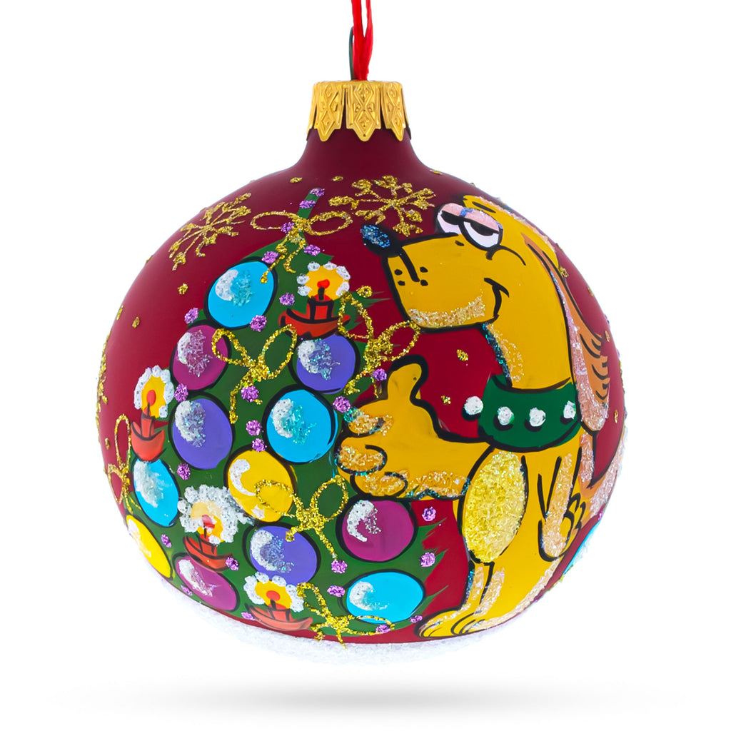 Glass New Year's Festivities with Fido - Blown Glass Ball Christmas Ornament 3.25 Inches in Red color Round