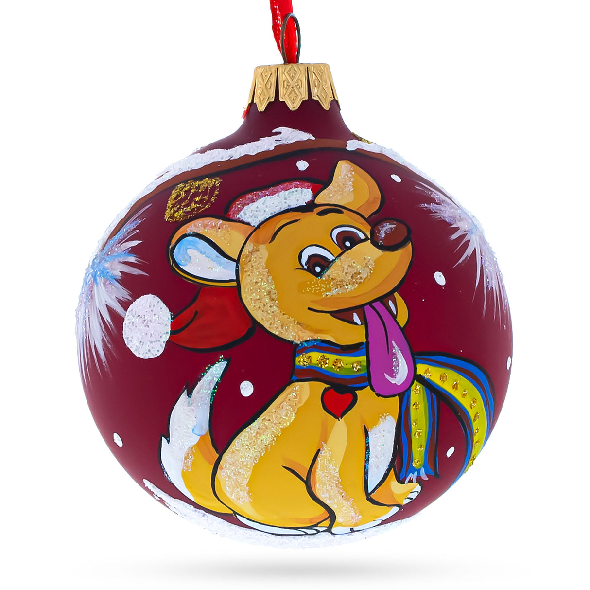 Joyful Dog in Santa Hat - Blown Glass Ball Christmas Ornament 3.25 Inches in Red color, Round shape