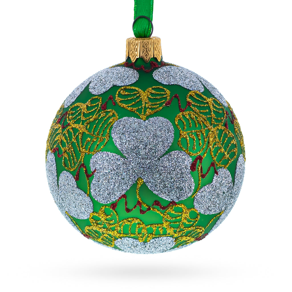 1902 Clover Leaf Royal Green Glass Christmas Ornament 3.25 Inches in Green color Round