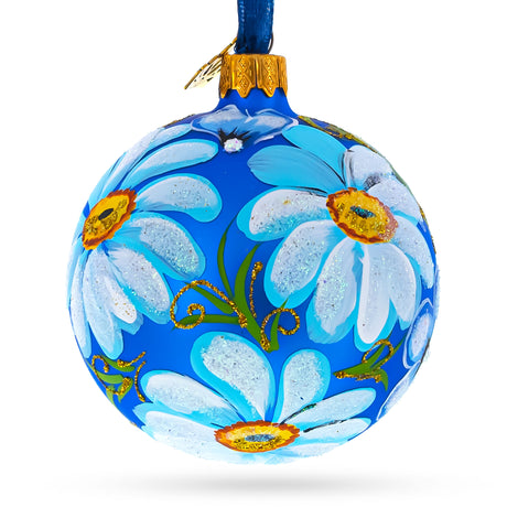 Delightful Daisy Flowers on Blue Blown Glass Ball Christmas Ornament 3.25 Inches in Blue color, Round shape