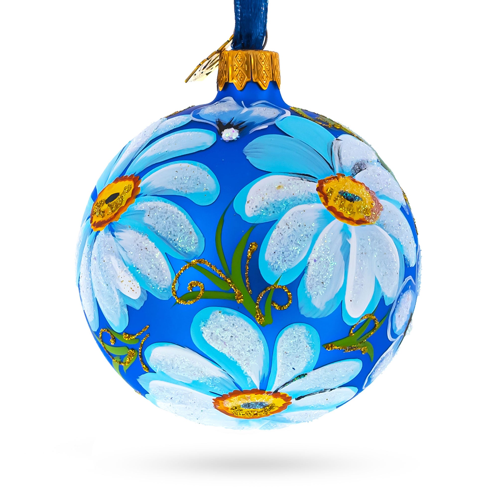 Daisy Flowers on Blue Glass Ball Christmas Ornament 3.25 Inches in Blue color Round