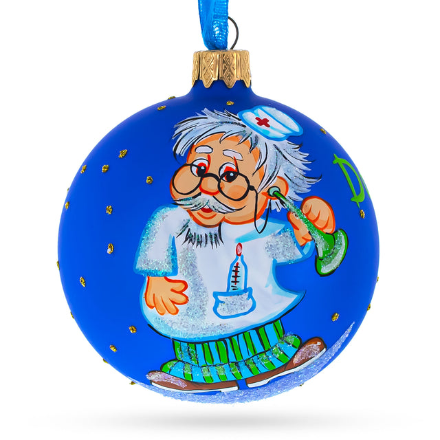 The Caring Doctor - Blown Glass Ball Christmas Ornament 3.25 Inches in Blue color, Round shape