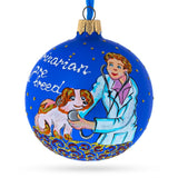 Veterinarian Checking Dog Glass Ball Christmas Ornament 3.25 Inches in Blue color Round